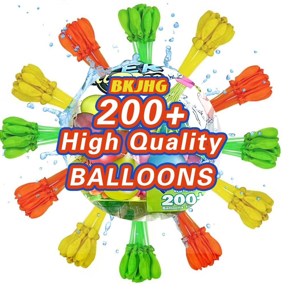 BkjHg rapid filling self sealing tropical colored water balloons front view connected to a hose nozzle.