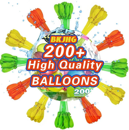 BkjHg rapid filling self sealing tropical colored water balloons front view connected to a hose nozzle.