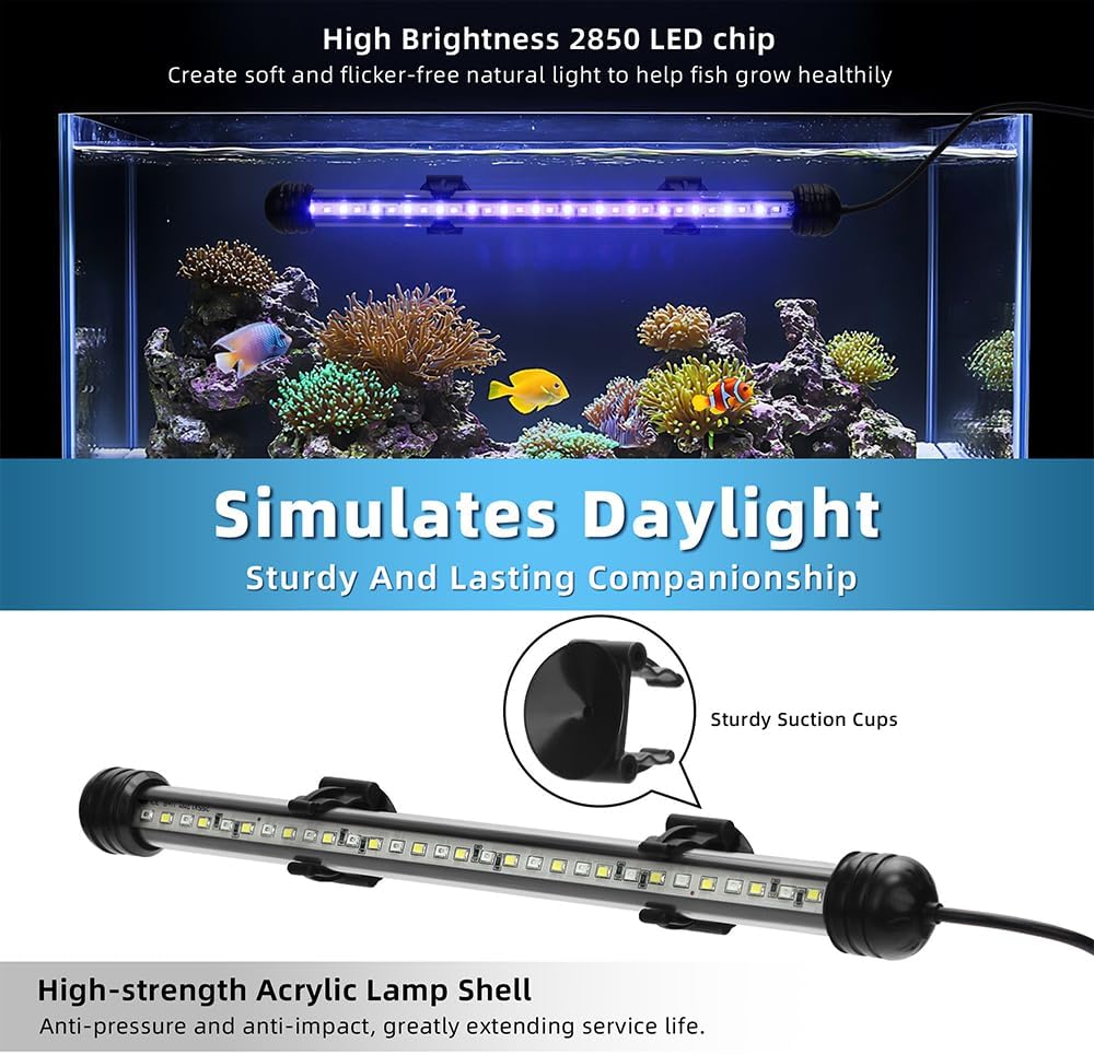 Novique seven point five inch submersible light bar attached horizontally to the inner glass with suction cups.