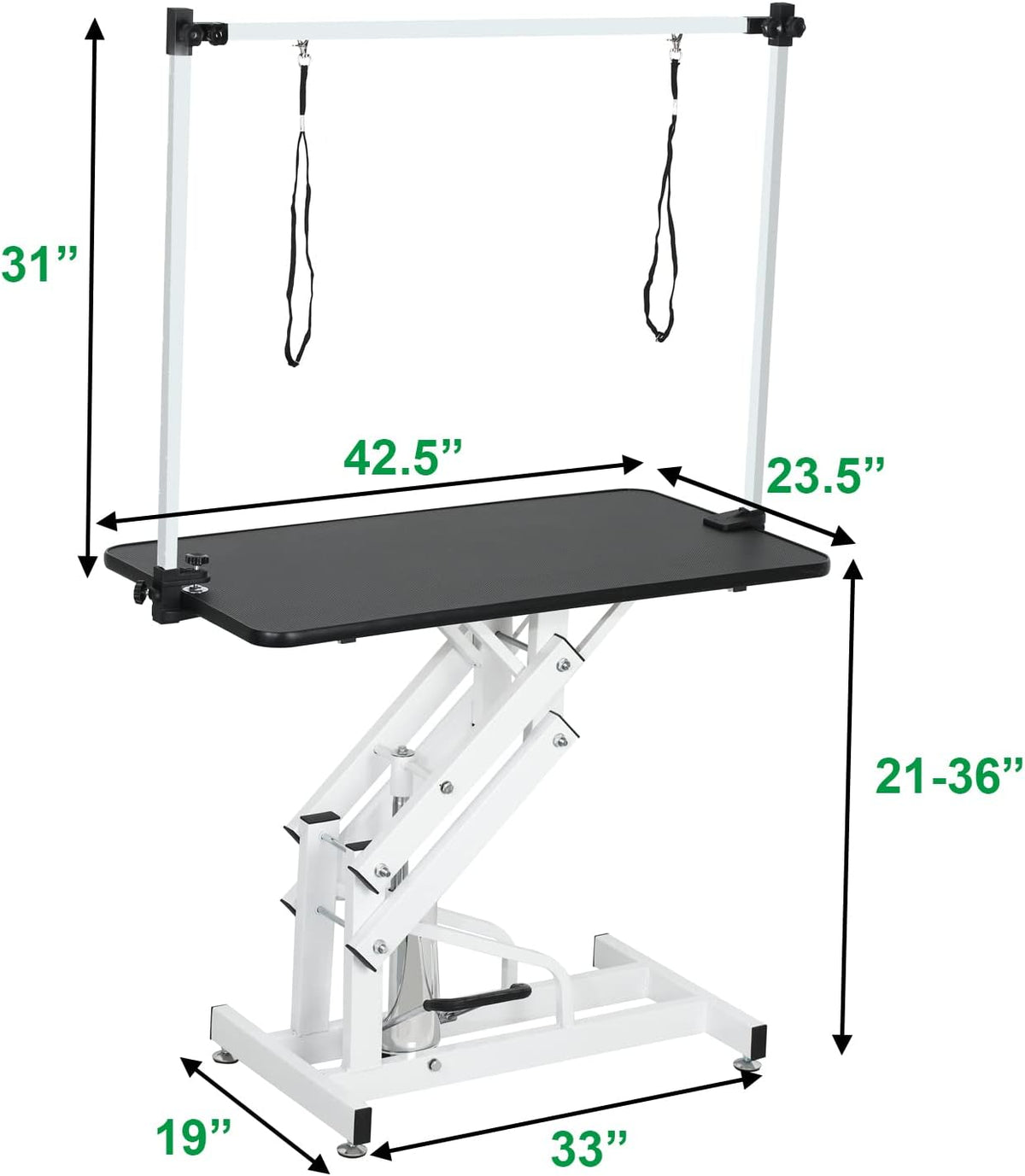 Afqxf 42 inch professional pet grooming station with height adjustable hydraulic lift mechanism.
