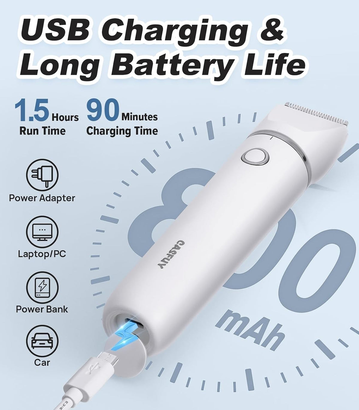Casfuy premium dog trimmer being charged via the included USB cable adapter.