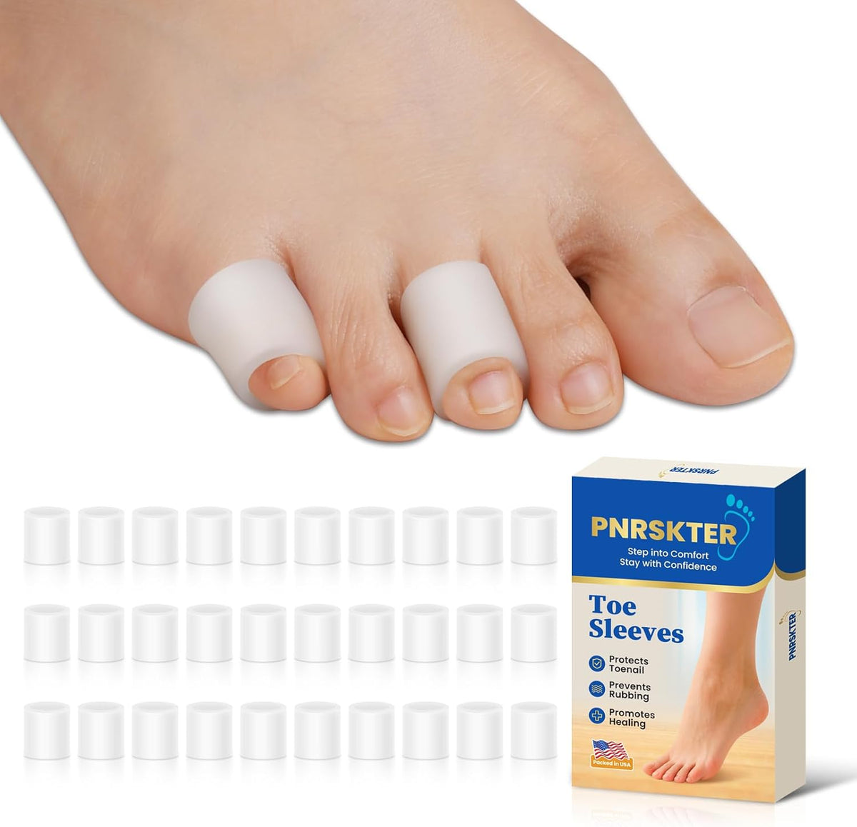 Pnrskter Toe Protectors front view of 30 piece small gel sleeve set