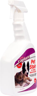 Capture cleaning spray bottle shown with household pet supplies