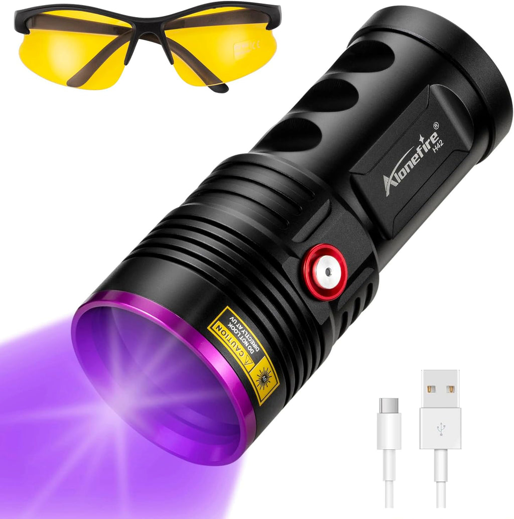 Alonefire H42UV professional ultraviolet flashlight front view highlighting the black filter lens.