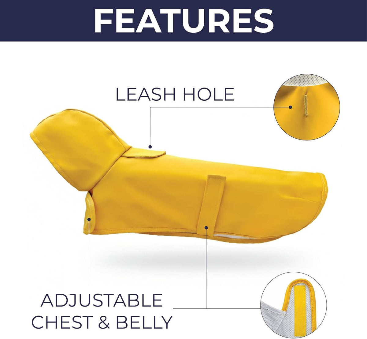 Hudson Hound windproof pet raincoat showing close up of the adjustable belly straps.
