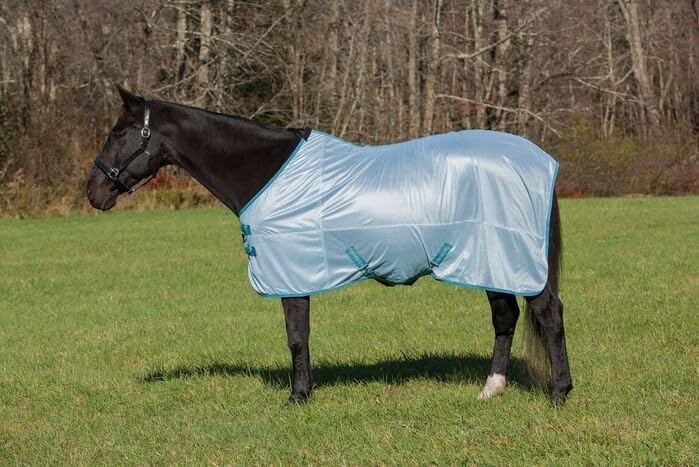 TuffRider Comfy Mesh Fly Sheet in porcelain blue and teal front view on a horse