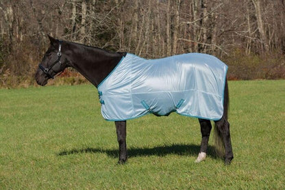 TuffRider Comfy Mesh Fly Sheet in porcelain blue and teal front view on a horse