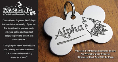 Pawsitively Pet Tags stainless steel personalized nameplate displaying double sided custom text engraving options for pet safety.