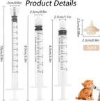 Individually wrapped newborn animal nursing syringes in one milliliter, three milliliter, and five milliliter sizes.