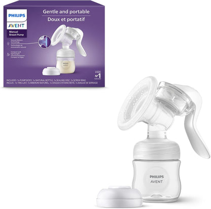 Philips Avent manual breast pump front view showing ergonomic handle and transparent body
