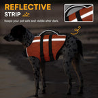 Medium size dog wearing high buoyancy bright orange safety jacket