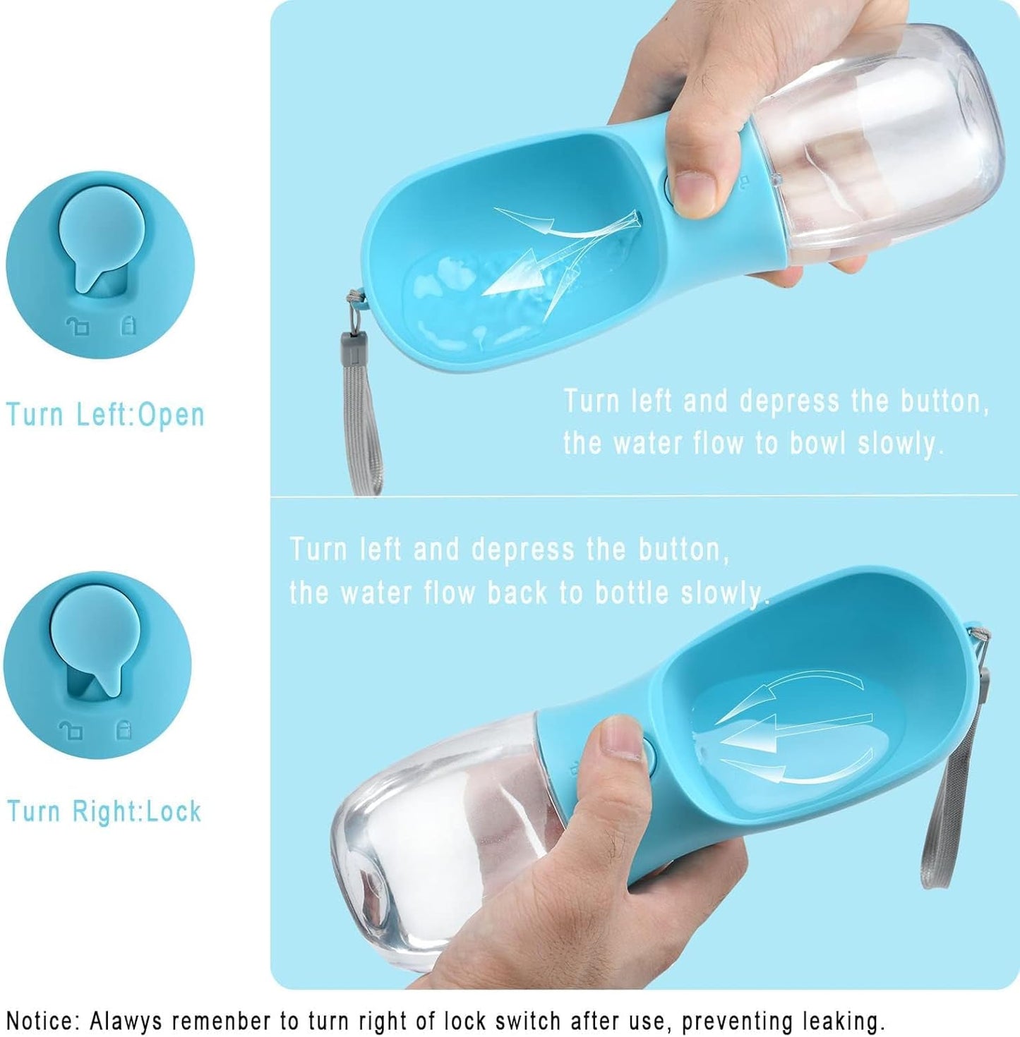 Cibaabo leakproof dog travel bottle with safety lock button close up