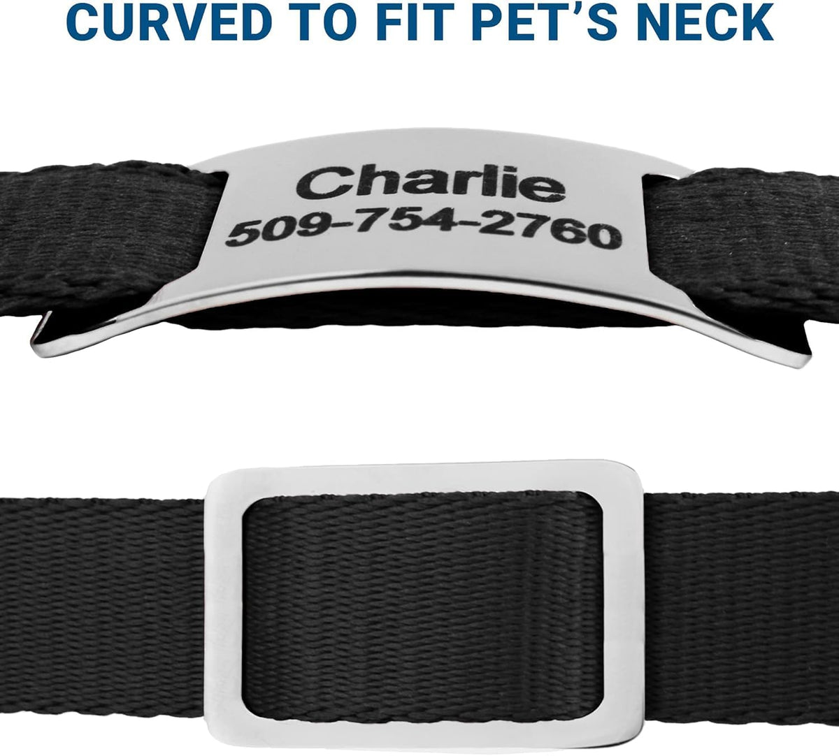 Curved stainless steel custom engraved pet nameplate close up