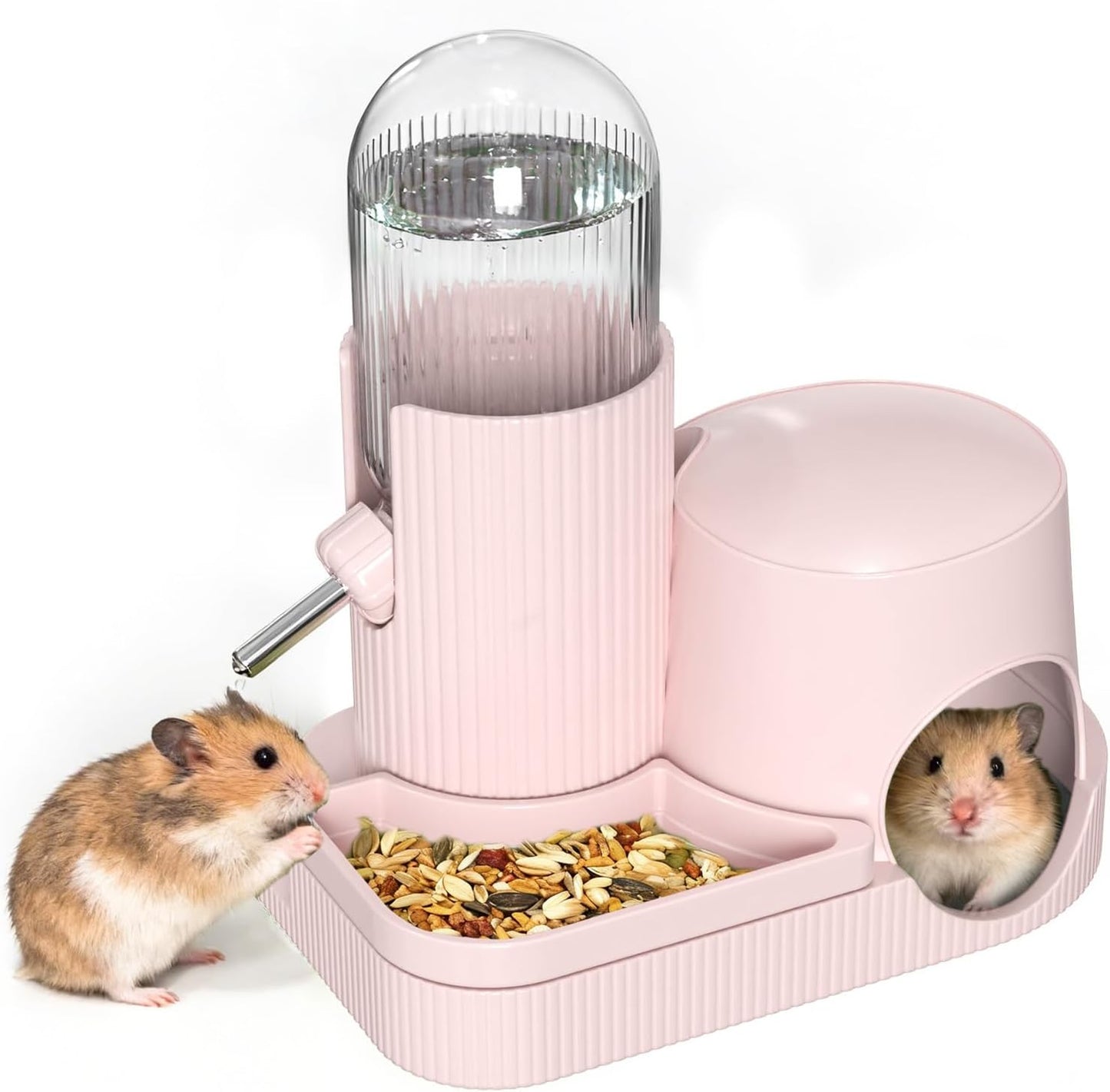 3 in 1 Hamster Water Bottle No Drip Automatic Water Dispenser with Food Bowl Container & Hideout Base Hut for Dwarf Hamster Mouse Rat Gerbils Mice Cage Accessories (Pink) - Image 1