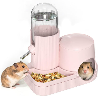 3 in 1 Hamster Water Bottle No Drip Automatic Water Dispenser with Food Bowl Container & Hideout Base Hut for Dwarf Hamster Mouse Rat Gerbils Mice Cage Accessories (Pink) - Image 1