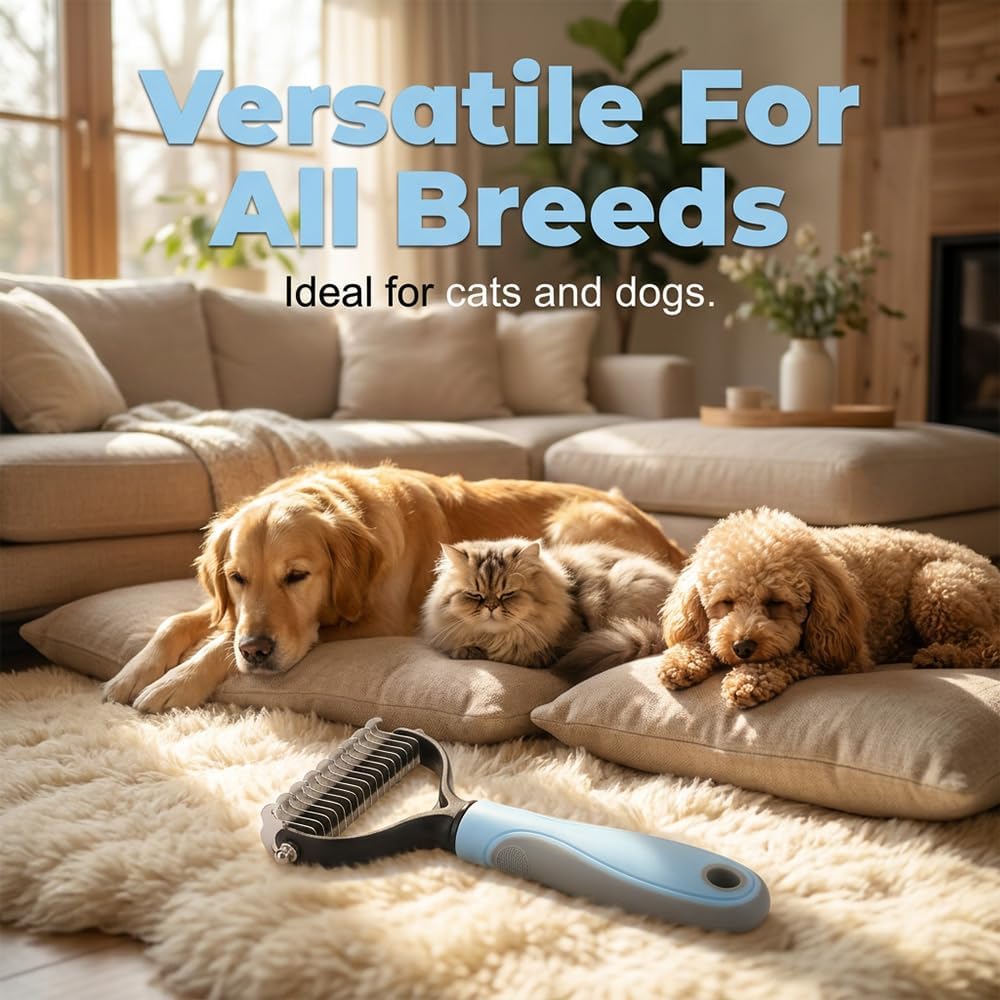 Foodie Puppies pet hair remover comb showing the non-slip rubber grip handle.