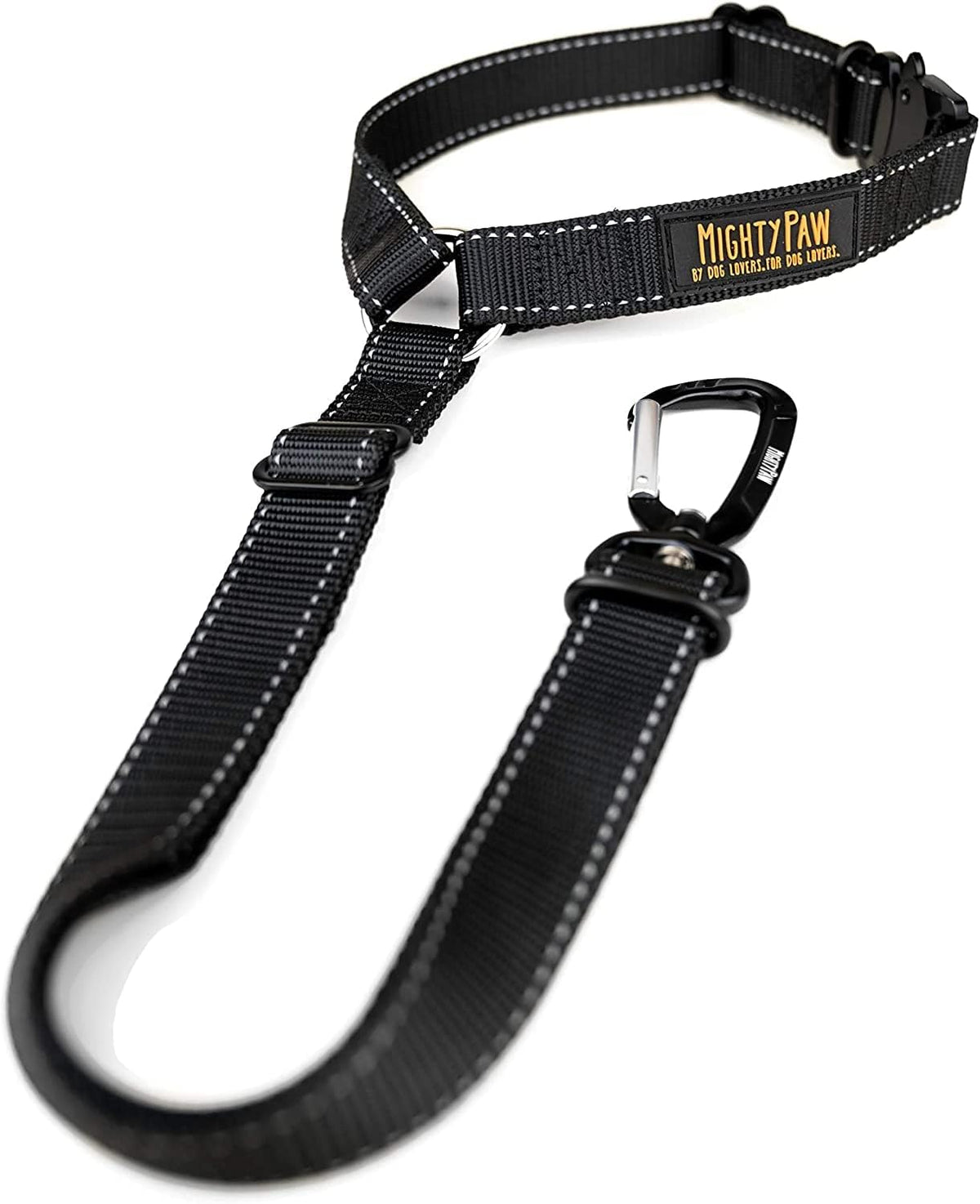 Mighty Paw dog seat belt front view with metal carabiner