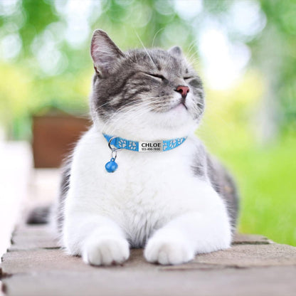 TagME cat collar with laser engraved stainless steel nameplate closeup