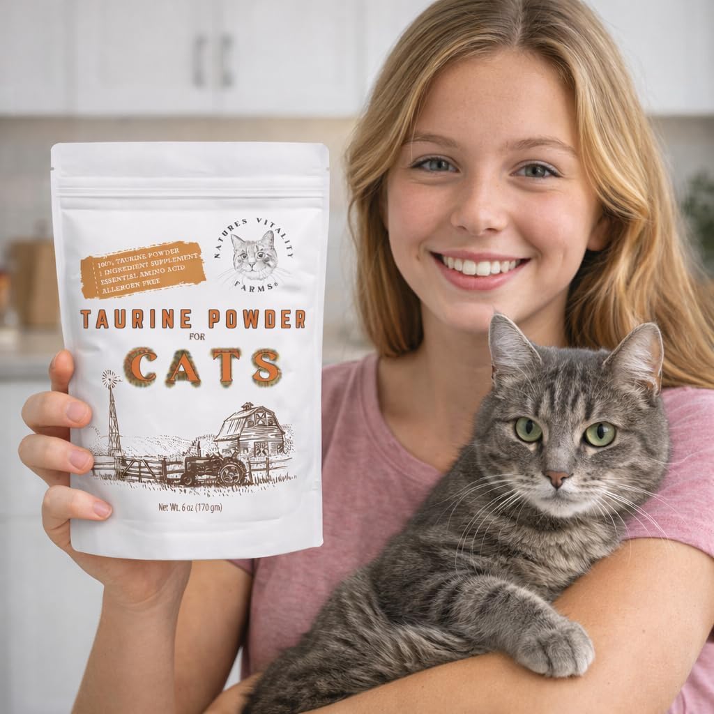 Puravita unscented taurine supplement bag demonstrating 144 servings count for all feline life stages.