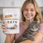 Puravita unscented taurine supplement bag demonstrating 144 servings count for all feline life stages.