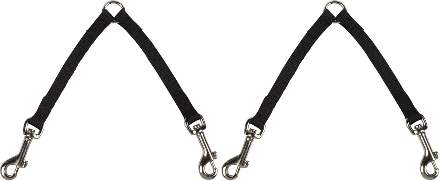 Close up view of the durable black nylon webbing and nickel-plated swivel clips on the dual dog walker