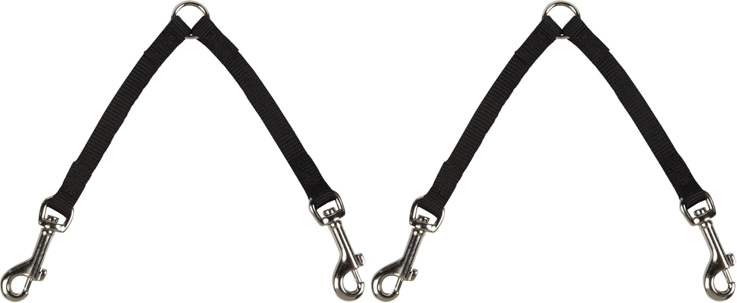 Close up view of the durable black nylon webbing and nickel-plated swivel clips on the dual dog walker