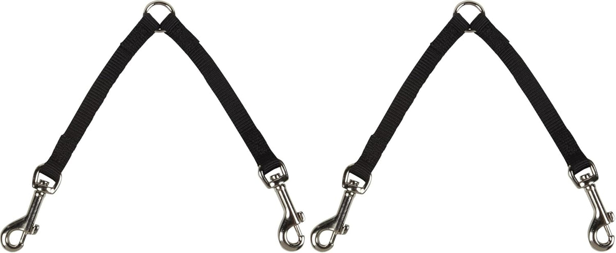 Close up view of the durable black nylon webbing and nickel-plated swivel clips on the dual dog walker