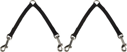 Close up view of the durable black nylon webbing and nickel-plated swivel clips on the dual dog walker