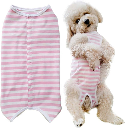 Kukaster Pet dog recovery suit front view pink white stripe