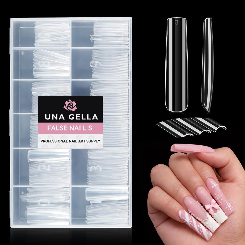 UNA GELLA XXL long square nail tips in a clear 216 count organized storage box