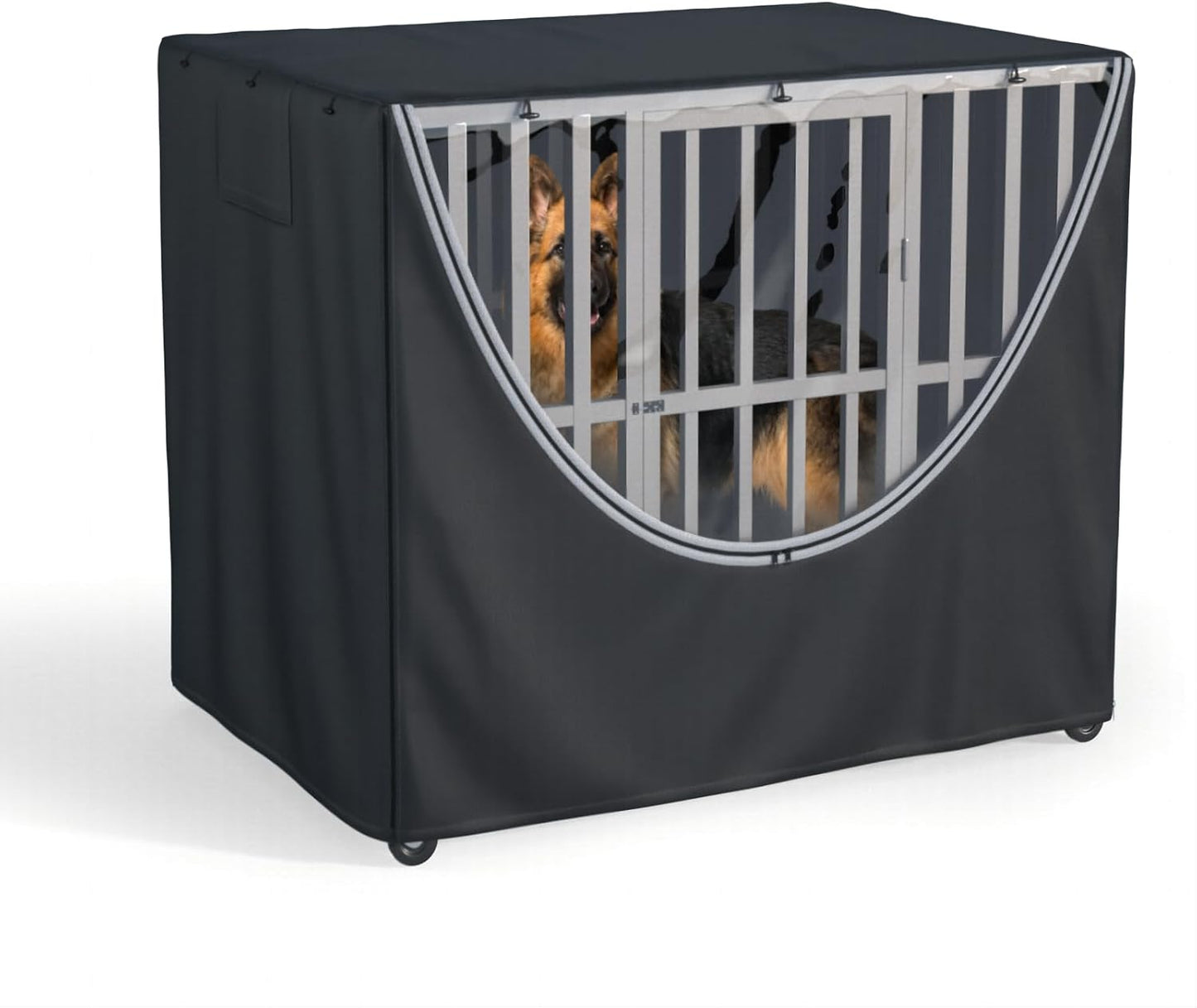 MDHAO heavy duty black winter dog kennel cover close up view of premium zippers
