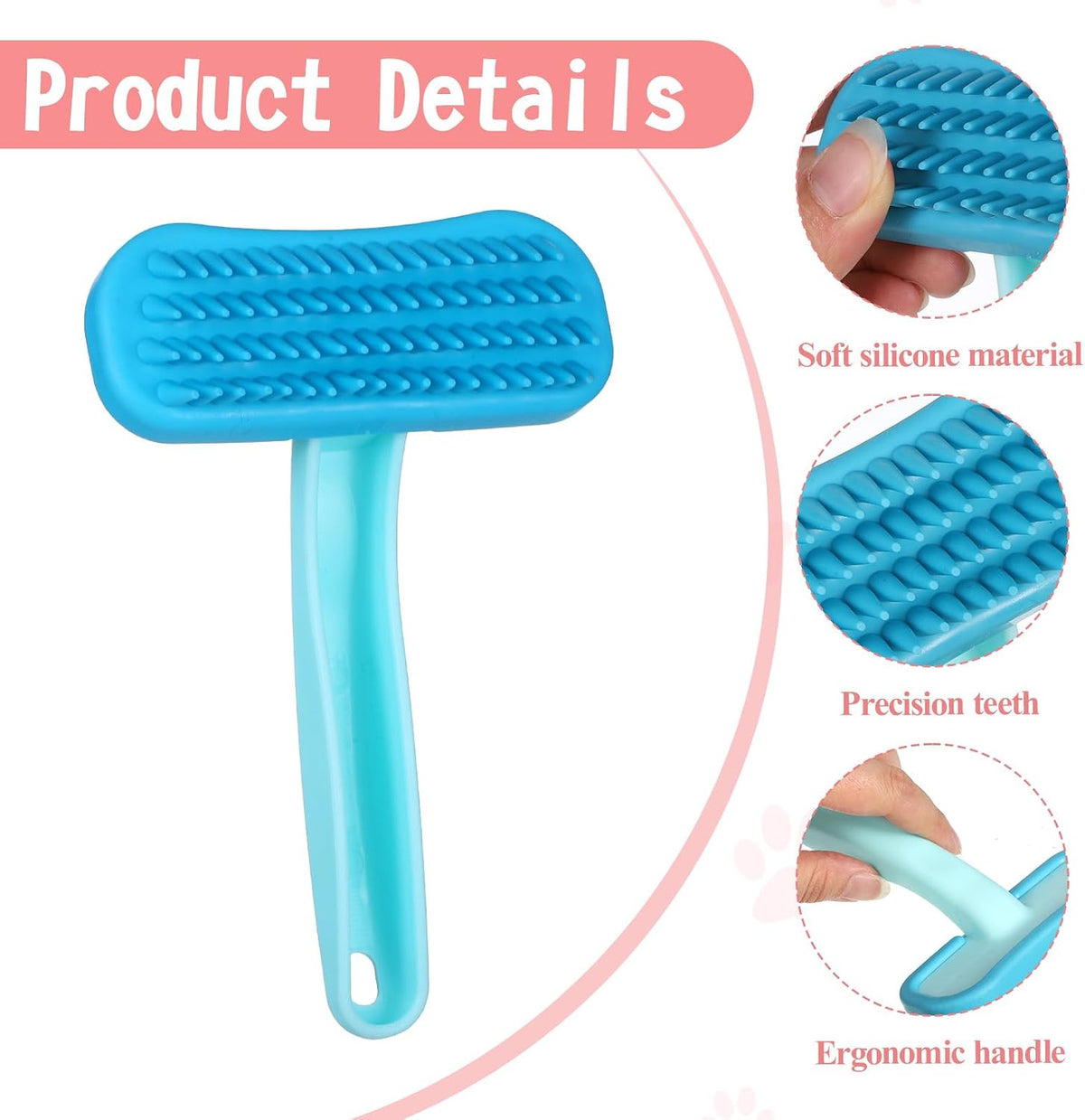 Close up of flexible silicone bristles with rounded tips on a small pet massage comb