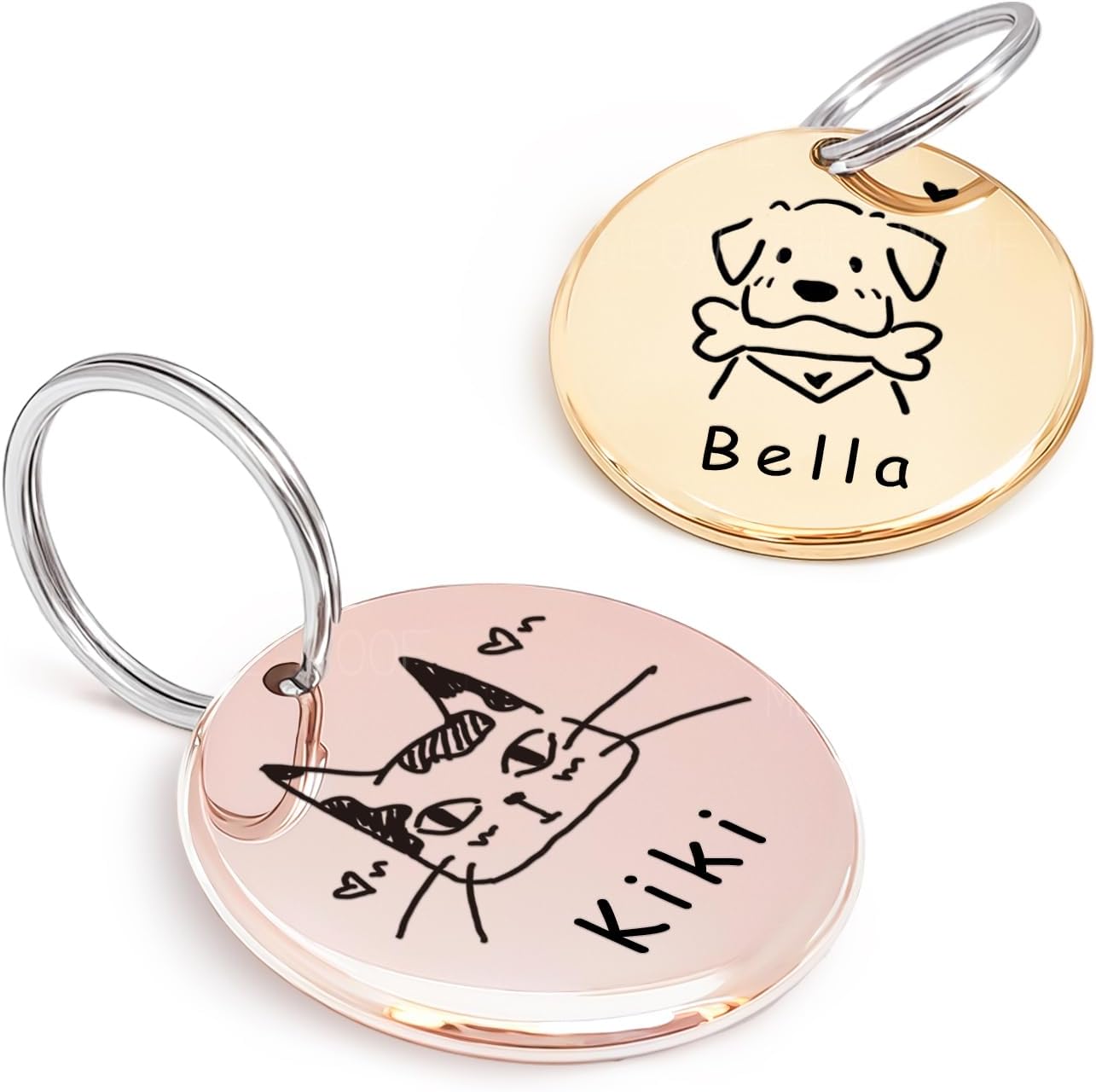 MEOW the WOOF customized pet portrait ID tag front view featuring deep stainless steel engraving.
