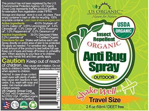 US Organic Anti Bug Spray packaging showing the USDA organic certification label