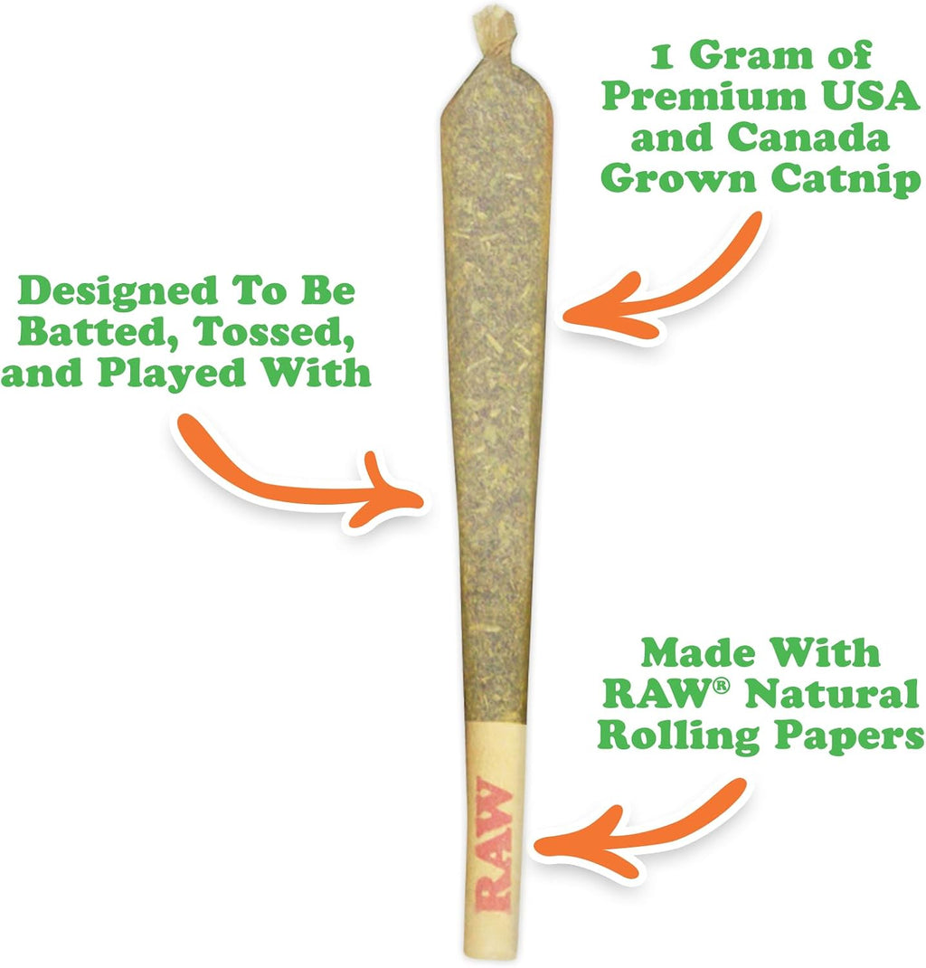 Six premium king size catnip rollies arranged next to the tropical themed bud shake bottle.