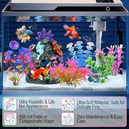 MyLifeUNIT resin rock cave and colorful plastic plants inside a clean glass aquarium