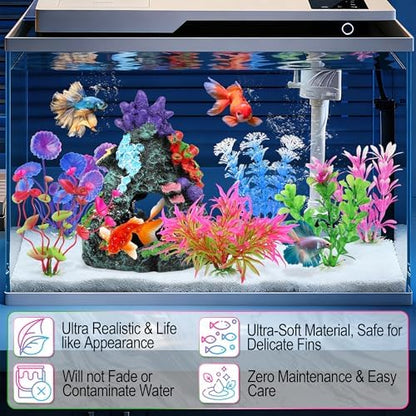 MyLifeUNIT resin rock cave and colorful plastic plants inside a clean glass aquarium