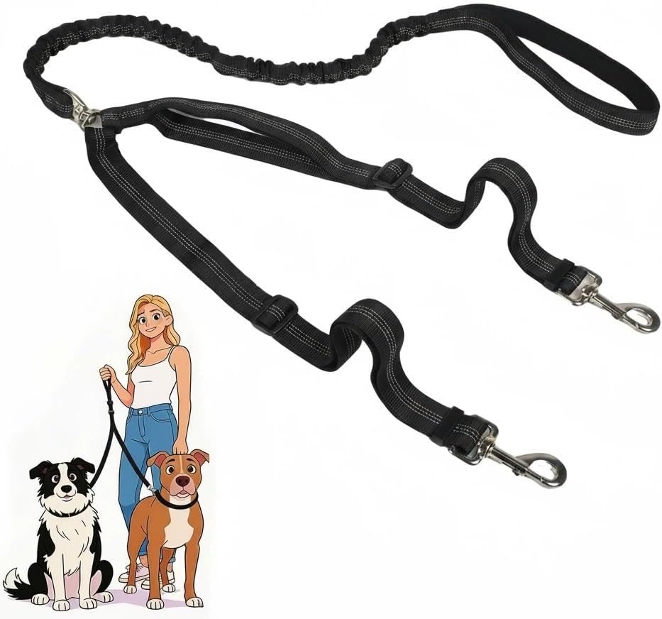 Sucegi double dog leash for two dogs front view showing black reflective nylon straps.