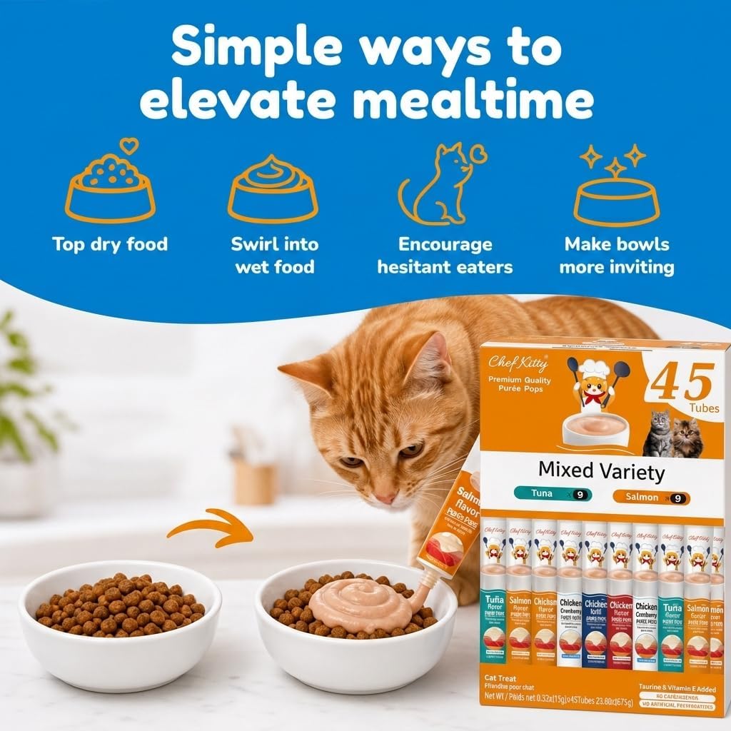 Cat eating Inaba lickable puree treat from tube