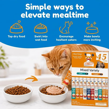 Cat eating Inaba lickable puree treat from tube