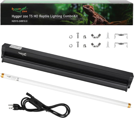 Hygger Zoo T5 UVB reptile light fixture front view showcasing the sleek black aluminum hood.