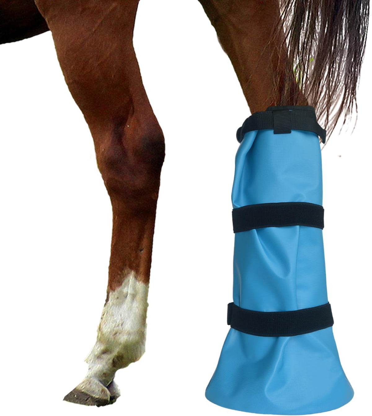 Yeezo horse hoof soaking boot front view showing secure blue waterproof material for equine care