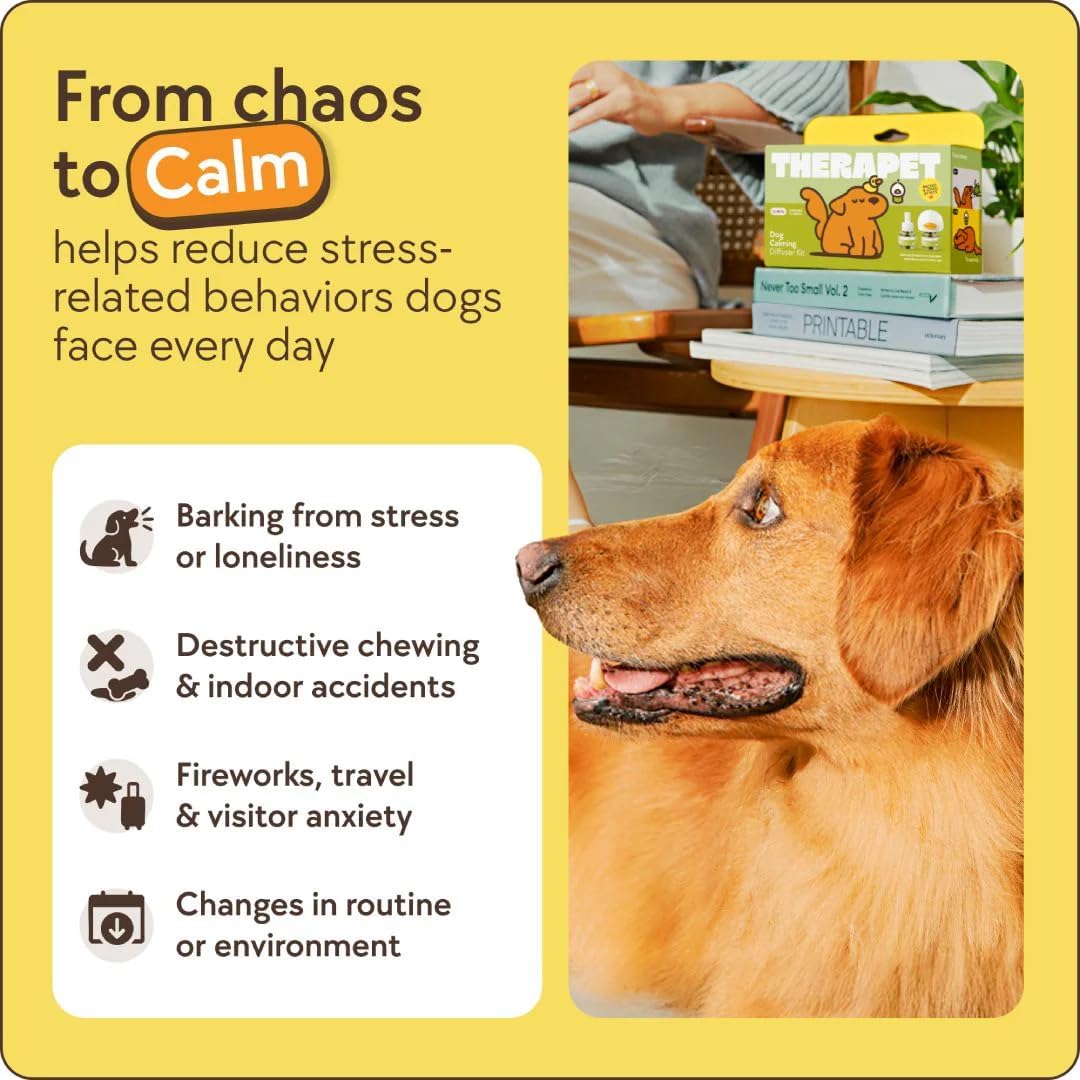 TheraPetMD anti stress dog diffuser refills unpacked next to the authentic packaging box.