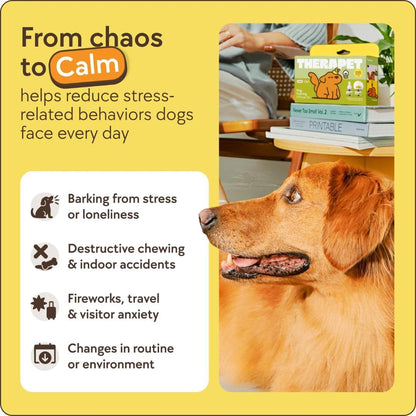 TheraPetMD anti stress dog diffuser refills unpacked next to the authentic packaging box.