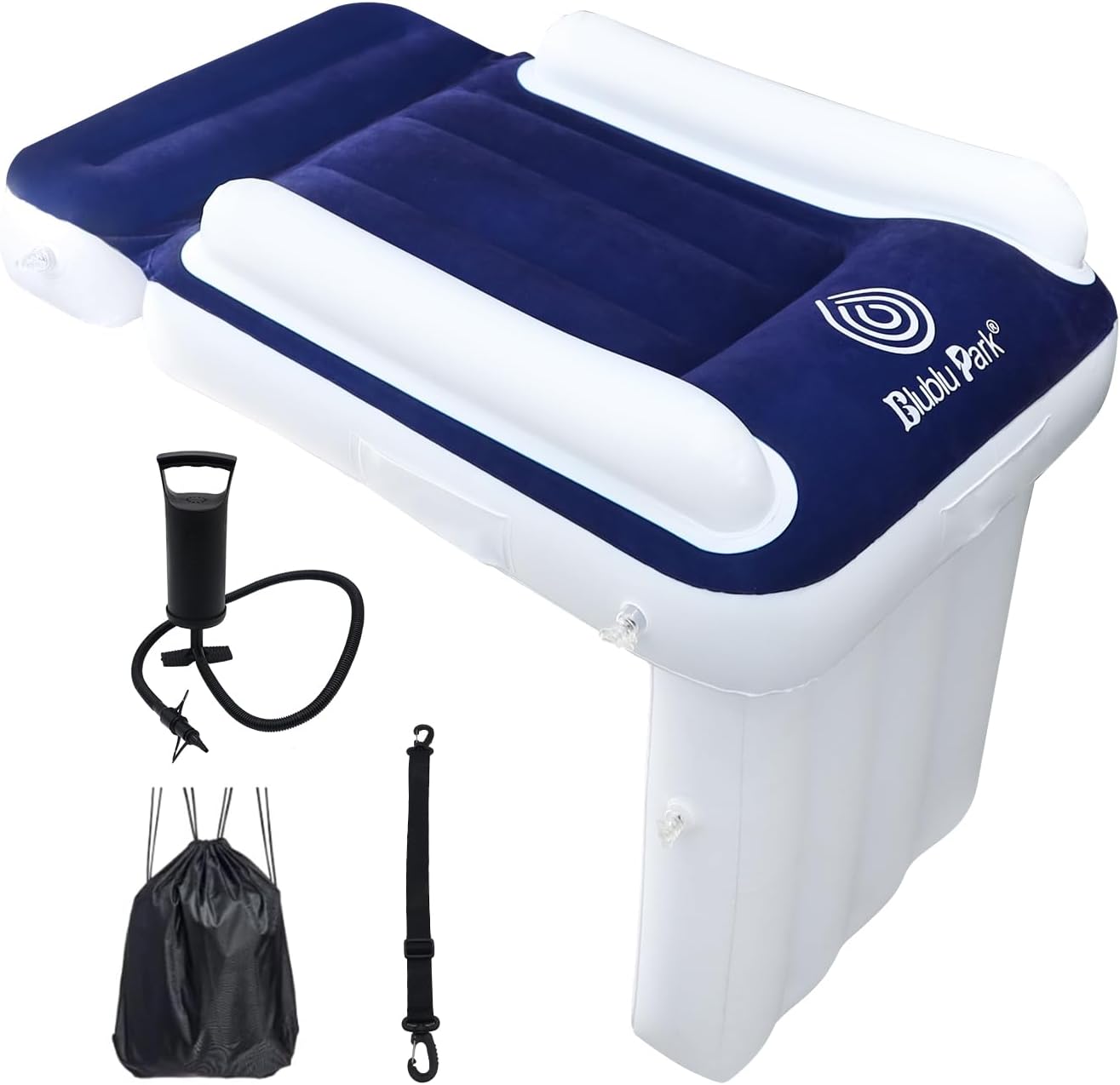 Blublu Park Inflatable Airplane Bed for Toddler front view showing blue flocked mattress and safety belt.