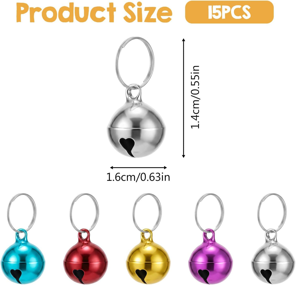 Close up of half inch mini dog collar jingle bells with heart shaped cutout details.