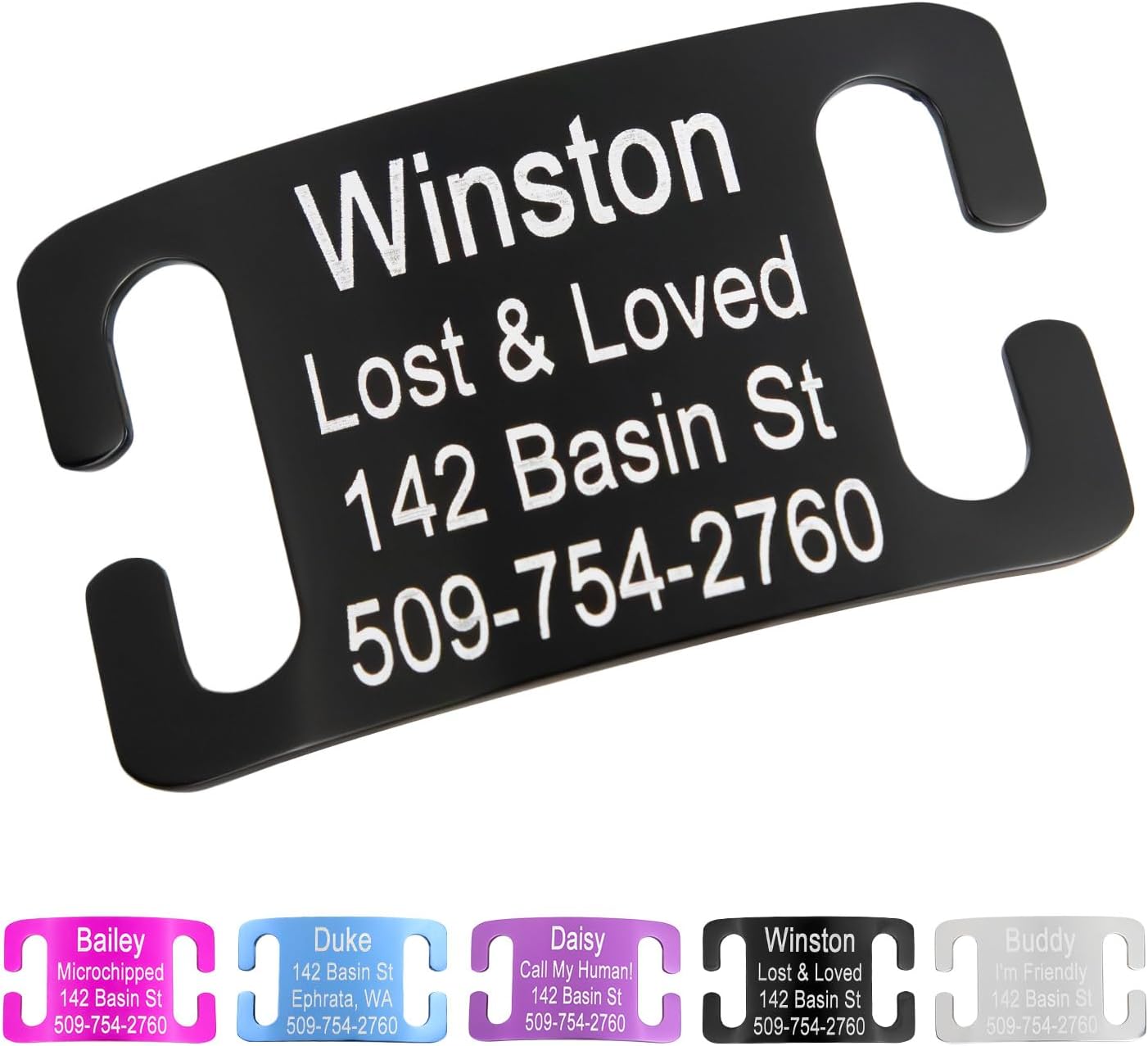 GoTags slide-on pet ID tag front view showing engraved black nameplate on a dog collar.
