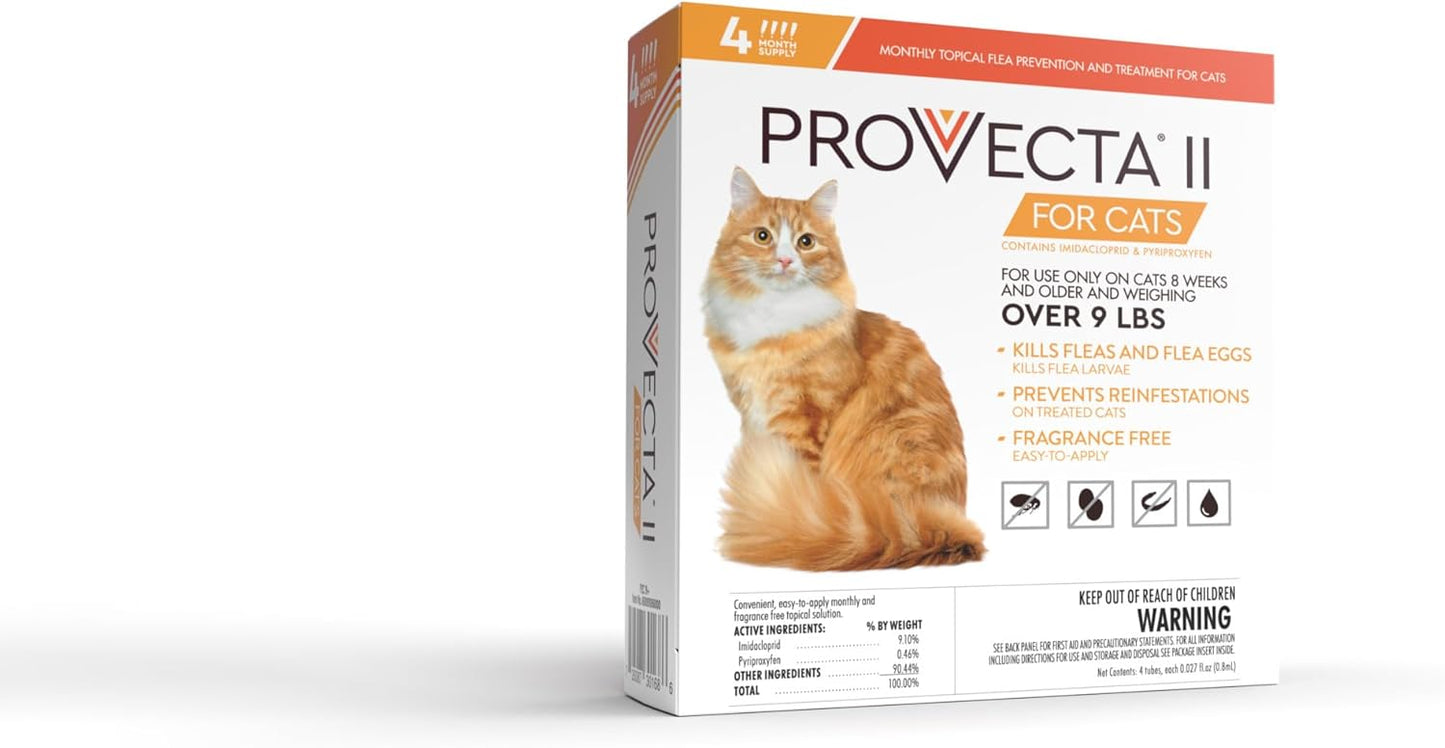 Back label of Provecta II feline flea treatment showing ingredients and application instructions.