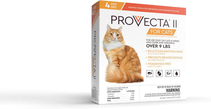 Back label of Provecta II feline flea treatment showing ingredients and application instructions.