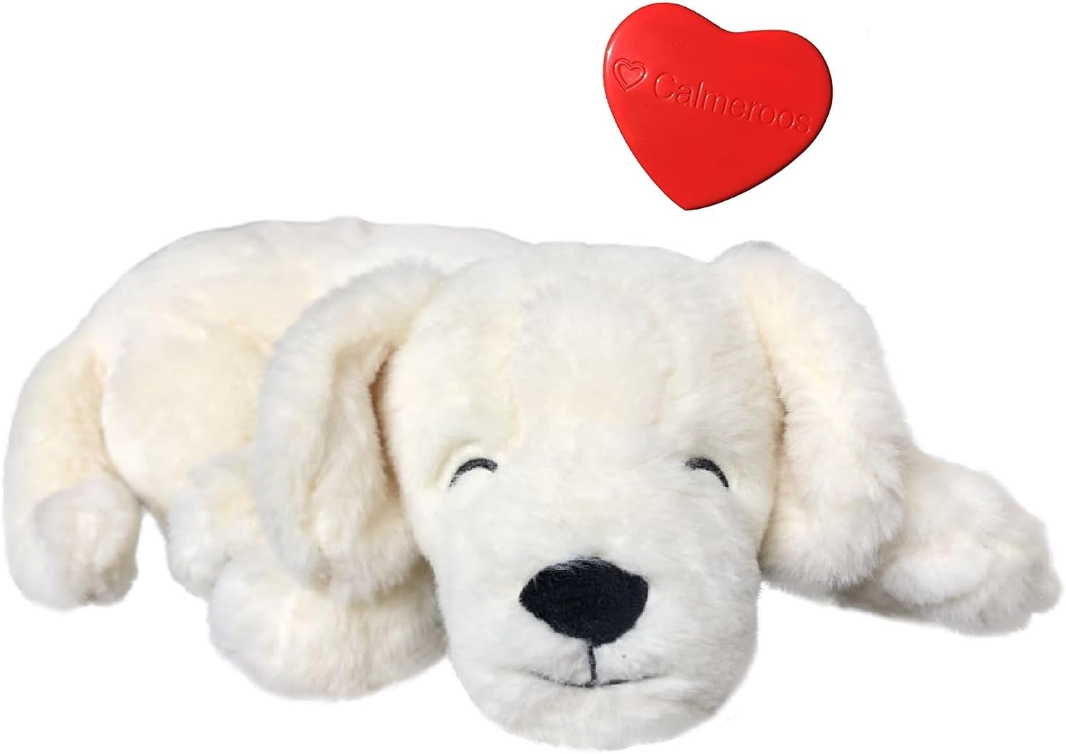 Calmeroos comforting pet plush packaging view with included batteries